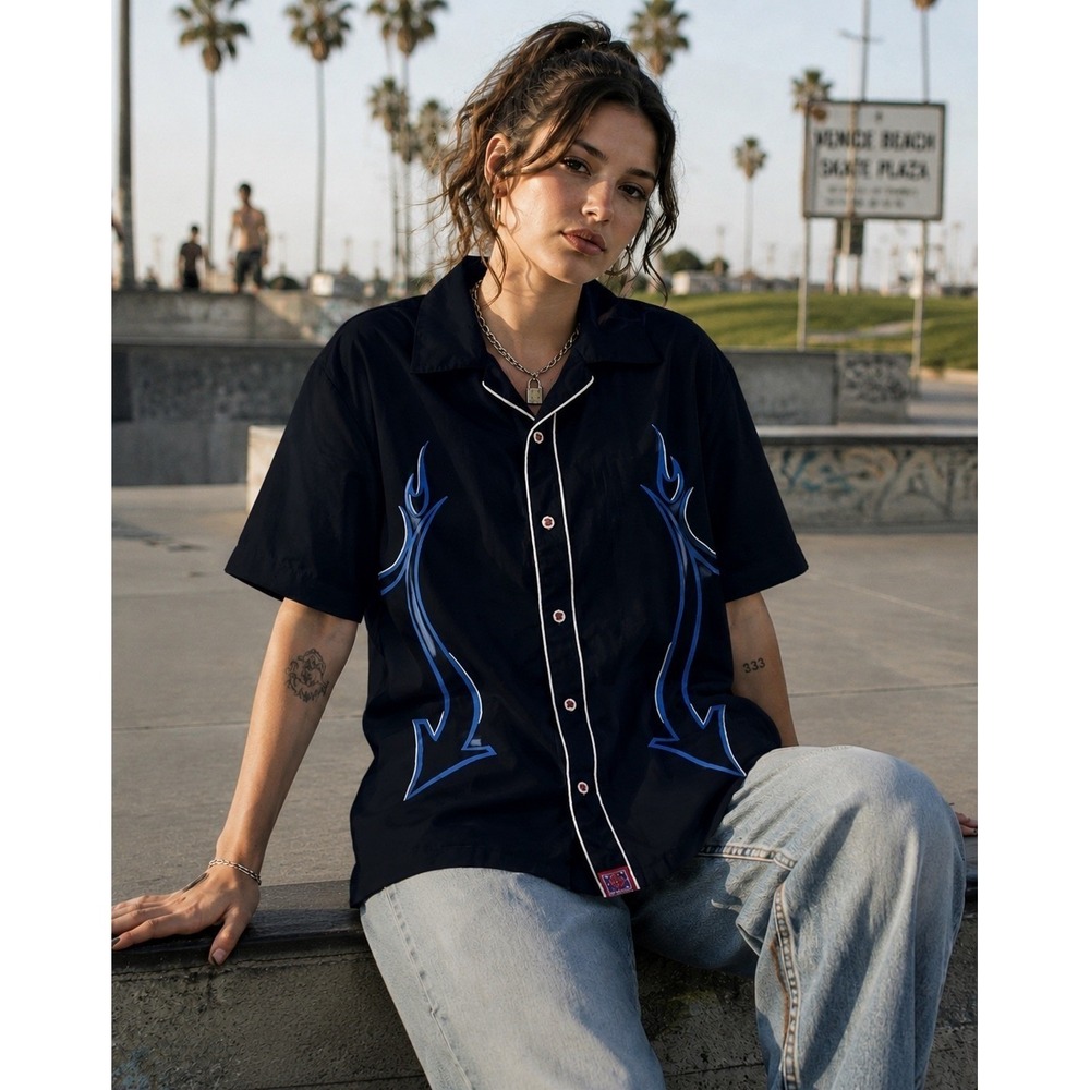 VTG Third Rail Bowling Button Up Shirt USA Size Medium 90s Y2K Skateboard Blue